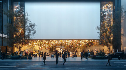 blank ad board stands in a busy shopping center or business mall, ready for customization or promotional content, surrounded by bustling shoppers and modern retail elements