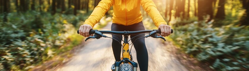 Naklejka premium A person cycling through a forest with a detox drink in hand, symbolizing the synergy of exercise and natural detox