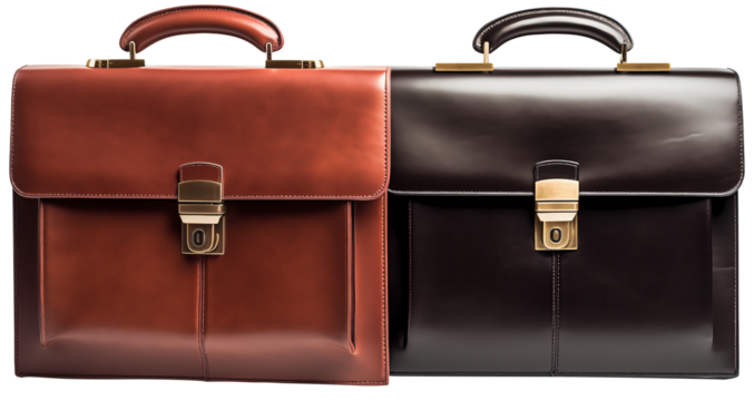 Close Up To two business briefcases PNG isolated on white and transparent background - Professional Leather briefcase Office bag for Businessman Business luxury accessories