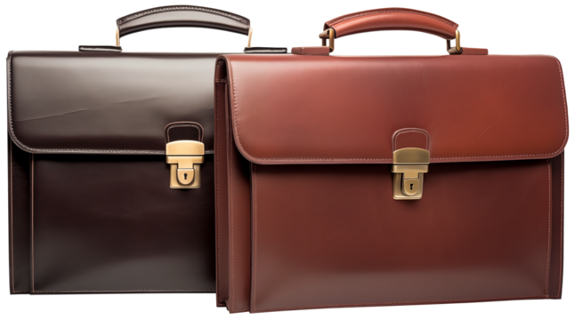 Close Up To two business briefcases PNG isolated on white and transparent background - Professional Leather briefcase Office bag for Businessman Business luxury accessories