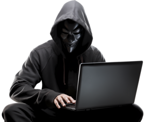 Close Up To a masked Anonymous hacker using his laptop PNG isolated on white and transparent background - Cybercriminal Data Cyberattack Online security Hacking 