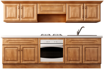 Front View Of a Wooden Kitchen cabinet with stove and sink PNG isolated on white and transparent background - Modern kitchen design Luxury home Interior architecture
