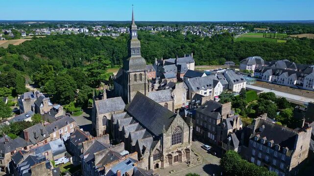 Saint Sauveur basilica, Dinan, France. Aerial drone forward
