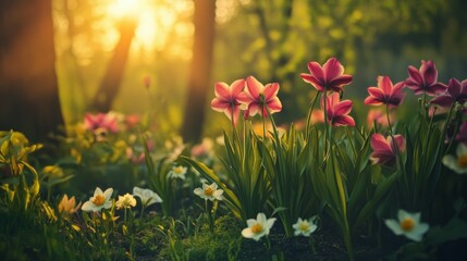 Fototapeta premium A vibrant real-life image capturing the essence of spring, with blooming flowers, fresh green foliage, and the lively atmosphere of nature awakening 