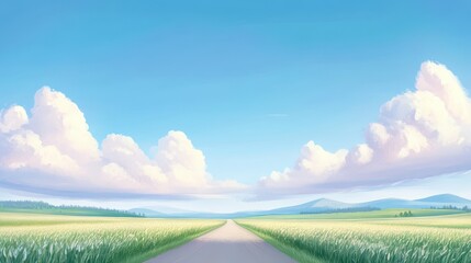 A painting of a road with a blue sky and clouds