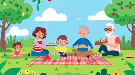 Obraz premium Grandparents, parents, and children picnicking in the park on Parents' Day