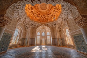 Ornate Islamic Architecture with Arched Window and Detailed Interior. copy space