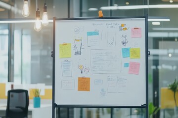 Office whiteboard with business ideas sketches and post it notes, with copy space. Bright office lighting. Minimalist workspace background
