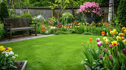 Obraz premium A vibrant garden with colorful flowers and a wooden bench, ideal for relaxation.