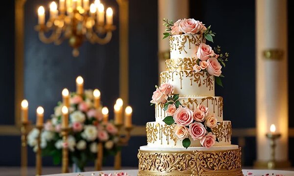 a wedding cake with five tiers decorated with gold and pink roses.