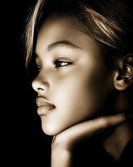 Fototapeta premium A serene portrait of a young girl in profile, showcasing beauty and contemplation against a dark background.