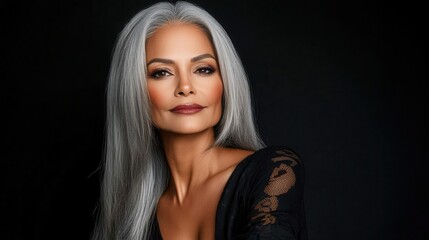 Fototapeta premium A striking portrait of a confident woman with silver hair, exuding elegance and beauty against a dark backdrop.