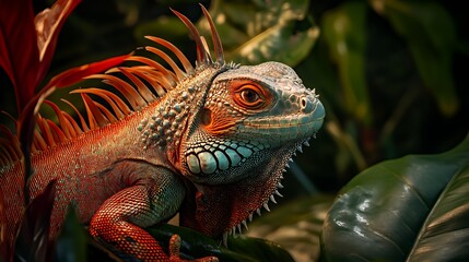 Obraz premium A vibrant red and orange iguana with sharp dorsal spines sits amidst lush green tropical jungle foliage.