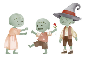 Watercolor painting zombie's family include father, mother and son