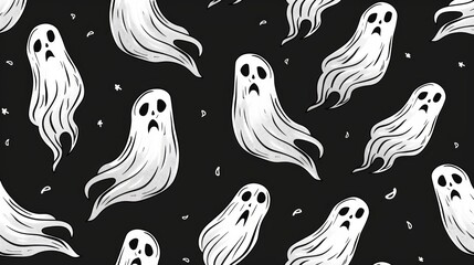 A repetitive seamless pattern with black background and white ghostmane cartoons. Cute seamless pattern of white ghostmane cartoons 