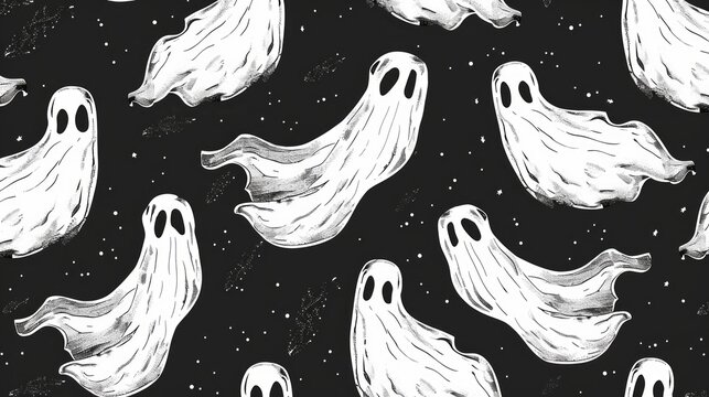 A repetitive seamless pattern with black background and white ghostmane cartoons 