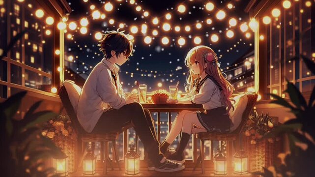 romantic anime couple sitting together on a cozy balcony at night, surrounded by warm glowing fairy lights. Generative AI