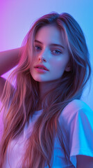 Naklejka premium Elegant close up portrait of a young woman with long flowing hair illuminated by vibrant neon blue and pink lighting