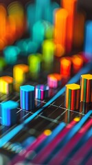 Obraz premium Bar charts with many colors going up and down for stock market investment or bright colorful banking charts