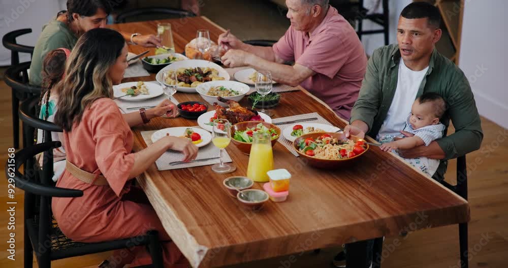 Canvas Prints Family, dinner and eating in dining room, food and supper for thanksgiving, grandparents and celebration. Women, men and nutrition with baby for bonding together, reunion and hungry group of people