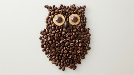  many coffee beans arranged in the shape of an owl with espresso coffee beans as the eyes, on a white background. 