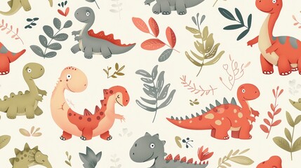 Fototapeta premium Baby dinosaur pattern, featuring adorable, animated baby dinosaurs in playful poses, taking children back in time in a fun and friendly manner. Cute seamless pattern of Baby dinosaur