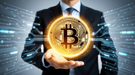 a profesional businessman holding holgram bitcoin in hand