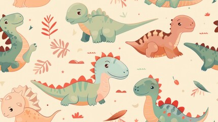 Baby dinosaur pattern, featuring adorable, animated baby dinosaurs in playful poses, taking children back in time in a fun and friendly manner. Cute seamless pattern of Baby dinosaur