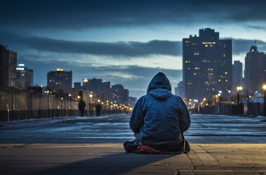 Solitary figure in hooded jacket sitting alone on sidewalk with city lights in background