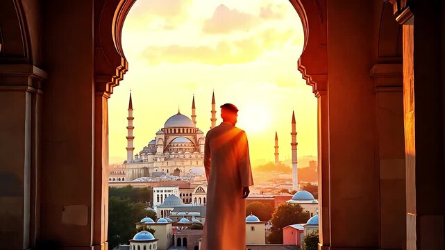 A Muslim imam gazes at a stunning mosque, embodying the essence of Islam. The serene moment reflects devotion, faith, and the beauty of Islamic architecture. Ideal for themes of religion, spirituality