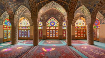 Obraz premium Sunlight streams through colorful stained glass windows casting vibrant light patterns onto carpets inside the historic Nasir al-Mulk Mosque.