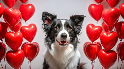 Sweet border collie dog surrounded by heart-shaped balloon, symbolizing love and romance, perfect for Valentine's Day, captured in high-quality isolated photo.