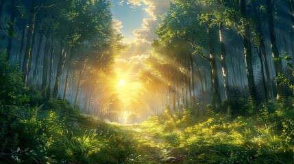 Obraz premium Sunbeams Illuminating a Path Through a Lush Forest