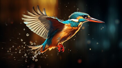 A vibrant kingfisher in mid-flight, splashing water droplets.