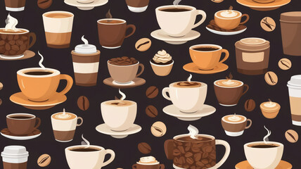 Seamless coffee pattern with various cups, coffee beans, and to-go cups on dark background, stylish beverage design
