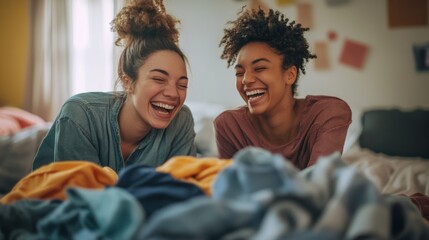 Two roommates laughing while doing laundry together in their apartment.