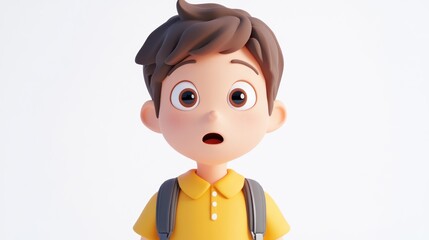 Obraz premium Surprised Young Boy in Yellow Shirt with Brown Hair and Backpack