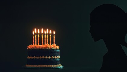 A silhouette of a person in front of a dark birthday cake, backlit by flickering candles, mysterious and eerie