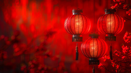 Three red paper lanterns hang on a red background. New Year's background for a greeting card. The red Lantern Festival in China is a spring festival. A symbol of good luck and prosperity
