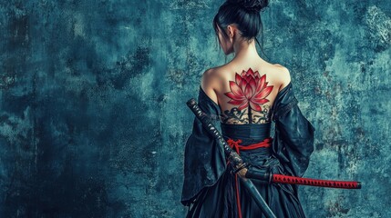 Portrait of a samurai female model with traditional style and beautiful tattoos on her back in studio background wallpaper AI generated image