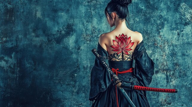 Portrait of a samurai female model with traditional style and beautiful tattoos on her back in studio background wallpaper AI generated image