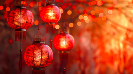 Red Chinese lanterns hang on a tree at sunset. Spring festival in China. The lantern Festival concludes the two-week festivities on the occasion of the Chinese New Year. A symbol of joy