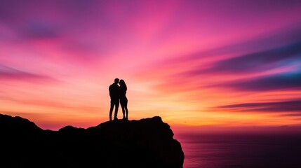 Naklejka premium Silhouette of a couple standing on a cliff at sunset, with a vibrant pink and purple sky, capturing a romantic and serene moment..