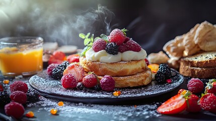 Steaming Stack of Pancakes Topped with Whipped Cream and Berries