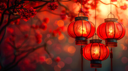 Three red lanterns hang from a tree. Chinese lanterns as a symbol of the end of the celebrations on the occasion of the Chinese New Year. Background for a New Year's card. A symbol of happiness
