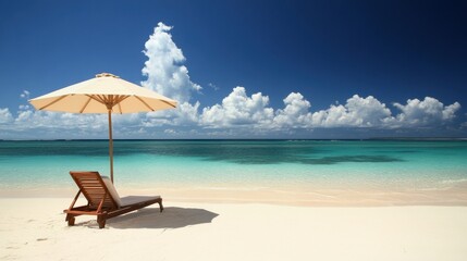 A serene beach scene with a lounge chair and umbrella by the turquoise ocean.