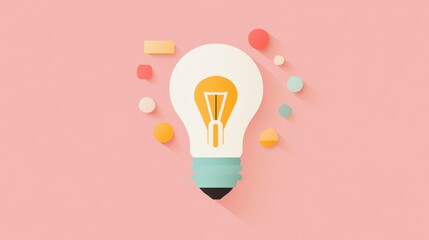Minimalistic light bulb with colorful shapes arranged on a pink background, representing simplicity and creativity..