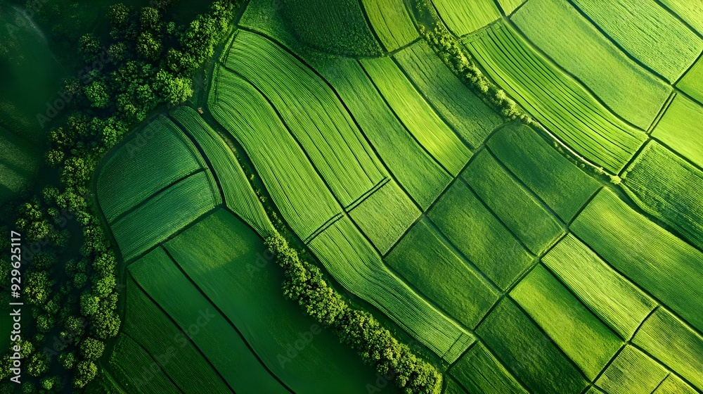 Wall mural Top view of green fields and meadows in the countryside