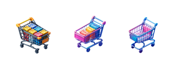 3D vector icon of Isometric cart on a white background, with no shadows or gradients and a flat design, 2D illustration in the style of simple shapes and colorful vector graphics.