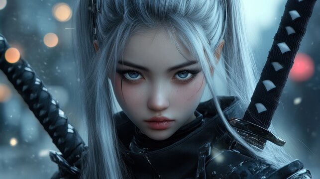Female samurai ninja asian cyberpunk anime style assassin cute face background wallpaper AI generated image